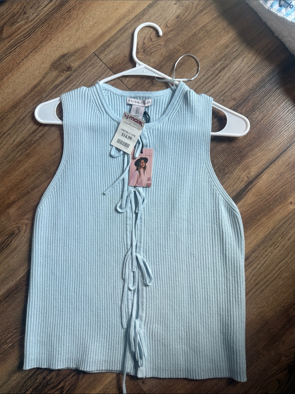 Sincerely Jules Light Blue Ribbed Tie-Front Tank